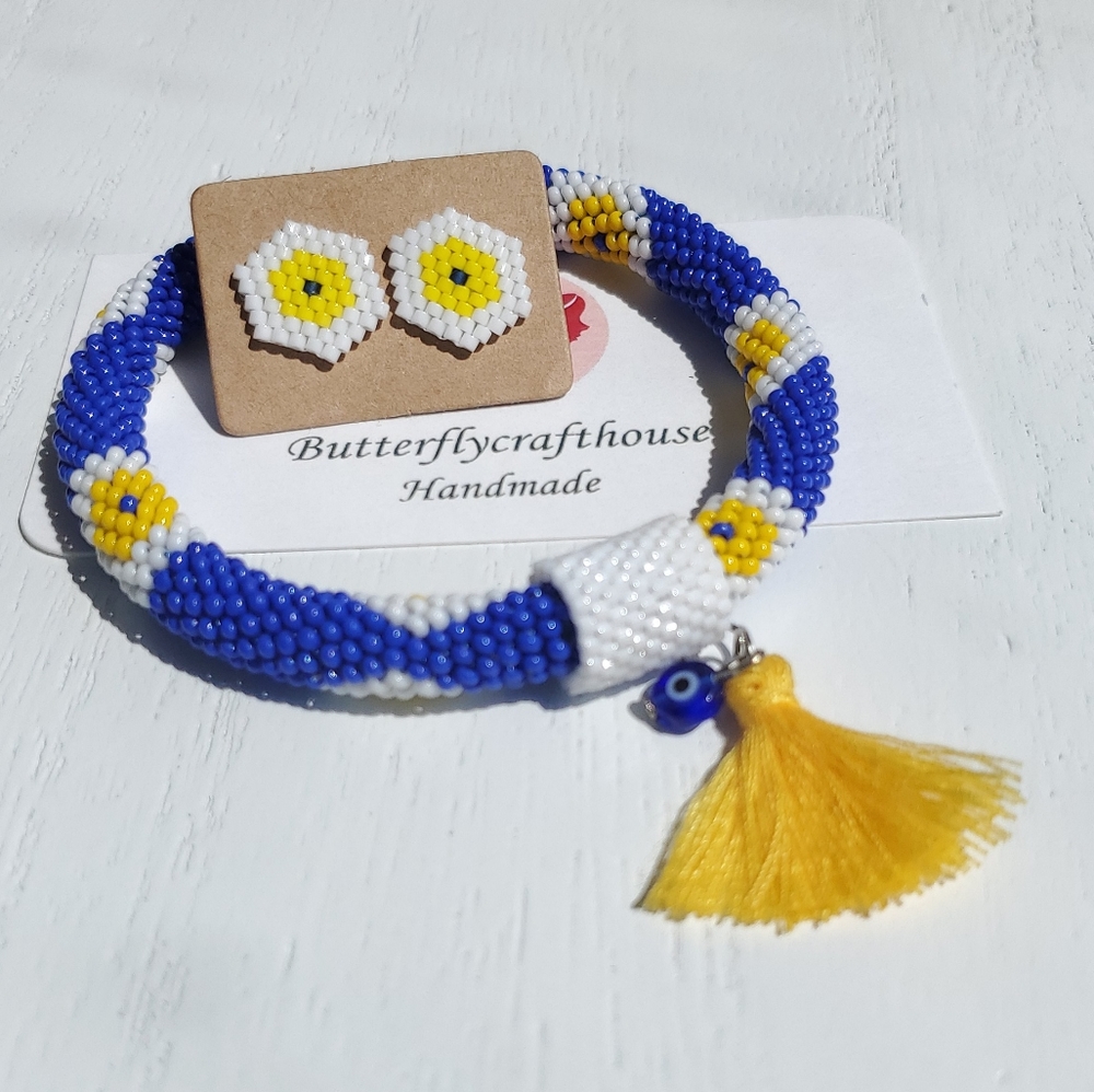 Crochet evileye bracelet and miyuki earrings